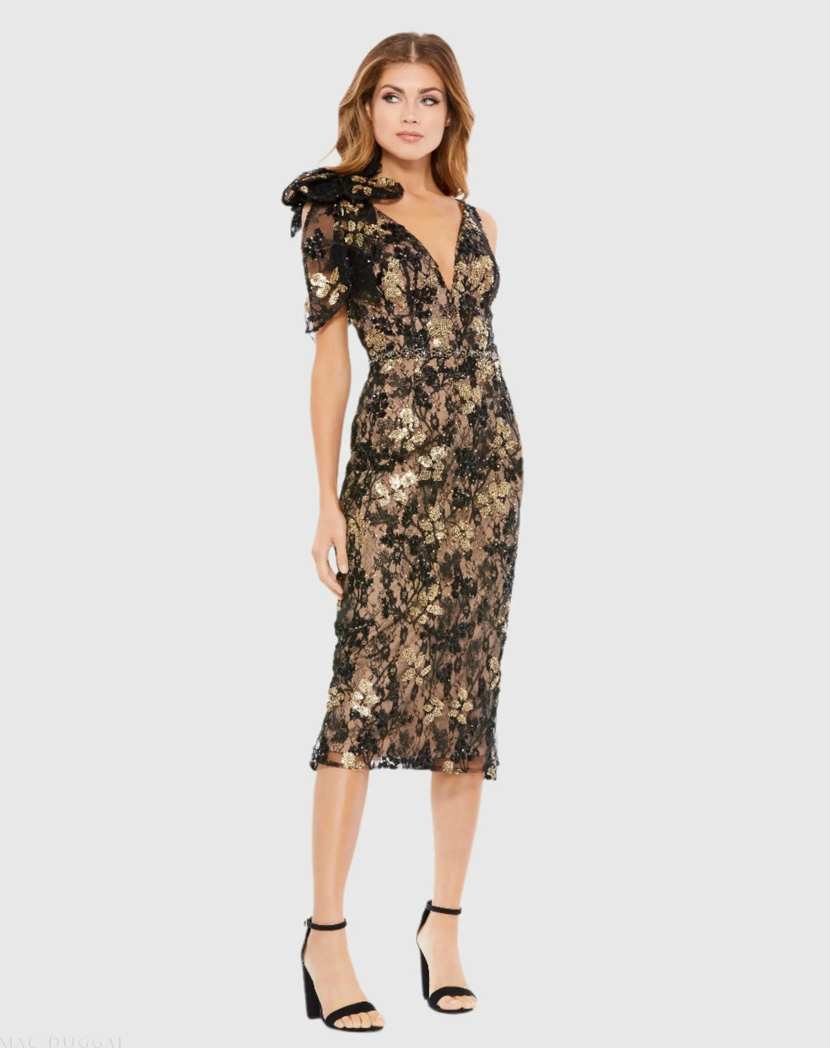Women's Black Midi Dress Floral - Black Lace Sequin
