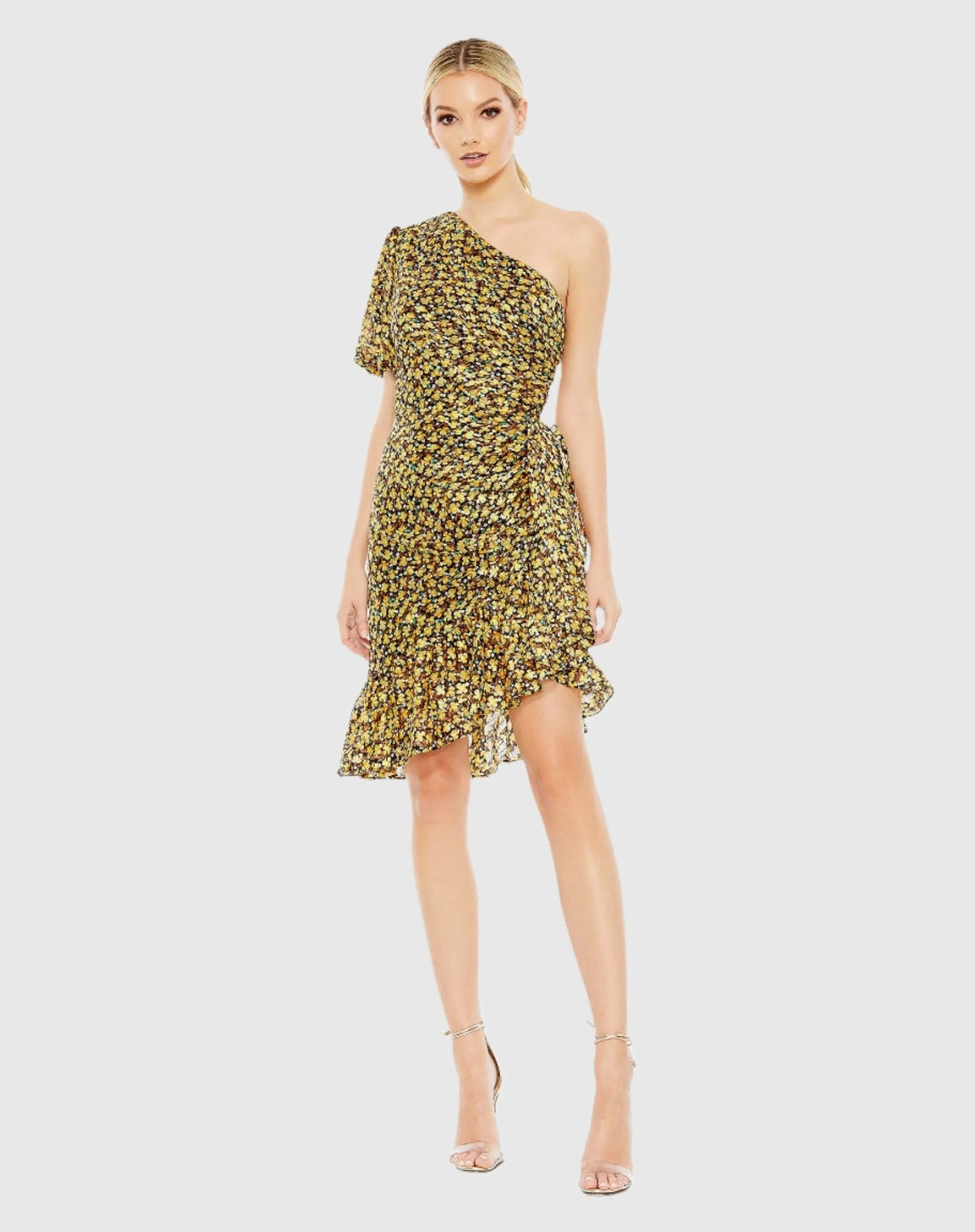 Women's Black Dress Floral - Black Ruffle One-Shoulder