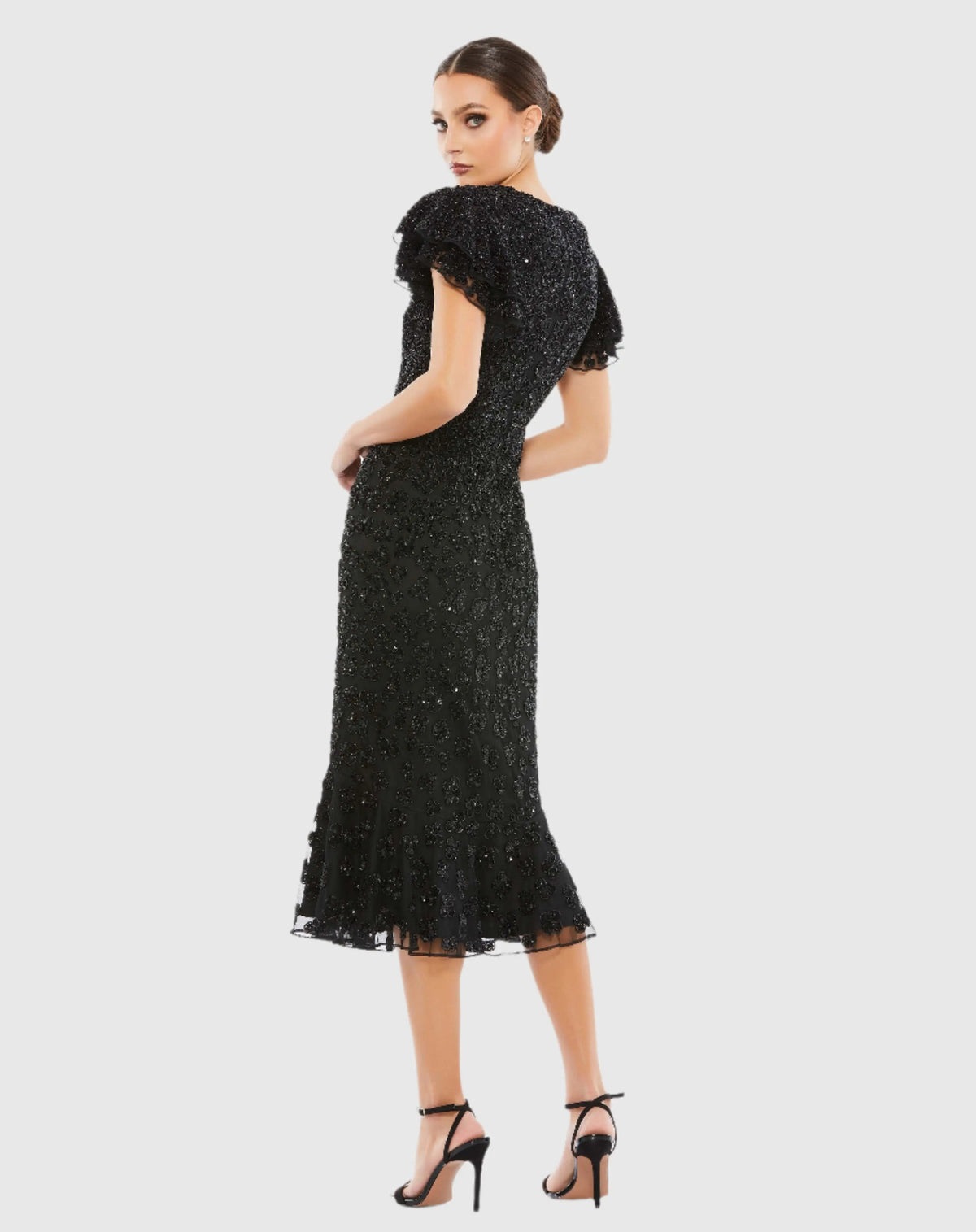 Women's Black Midi Dress - Black Sequin Floral