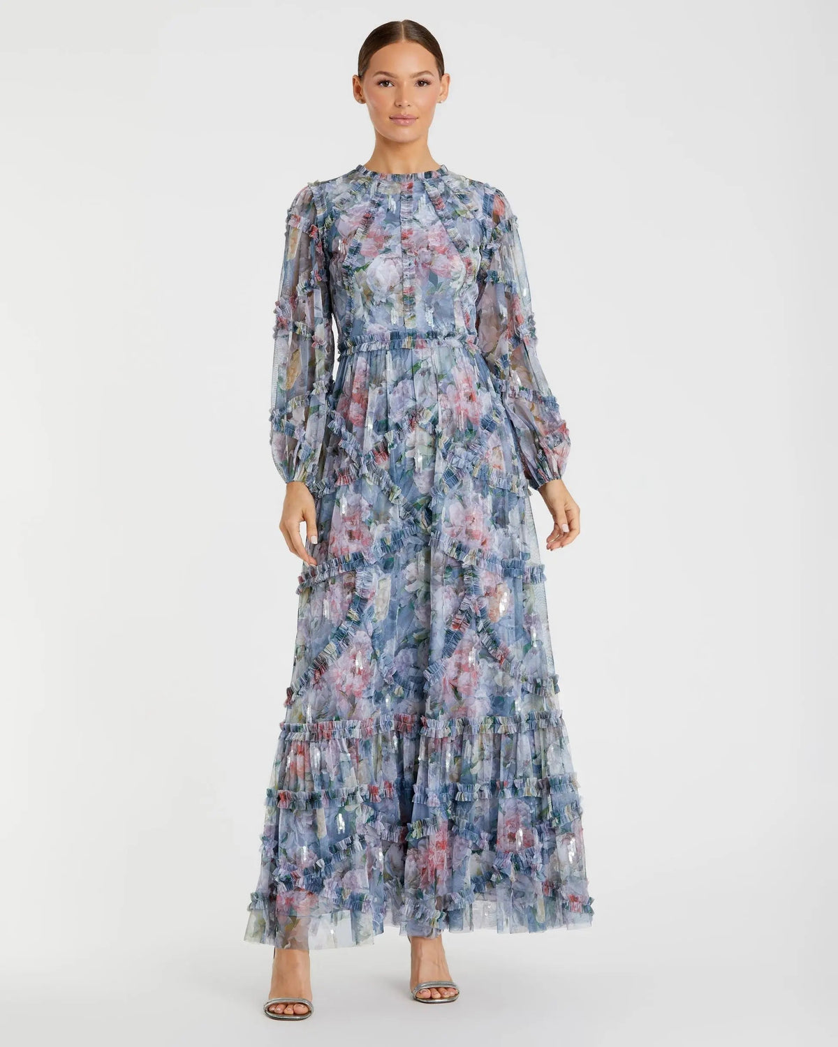 Women's Blue Midi Dress Floral - Blue Ruffle Chiffon