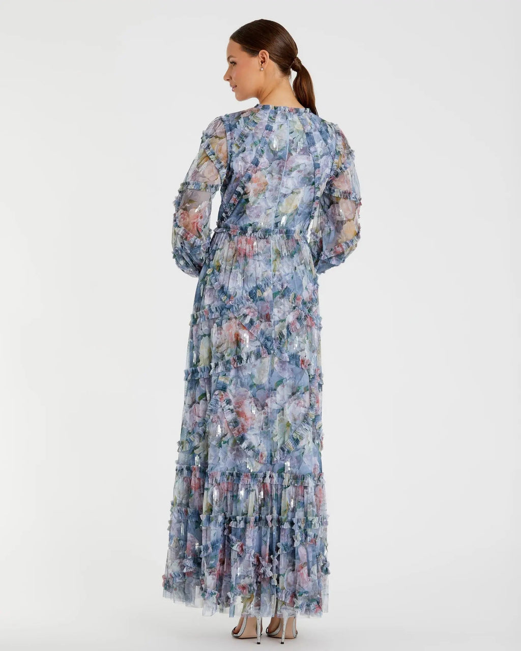 Women's Blue Midi Dress Floral - Blue Ruffle Chiffon
