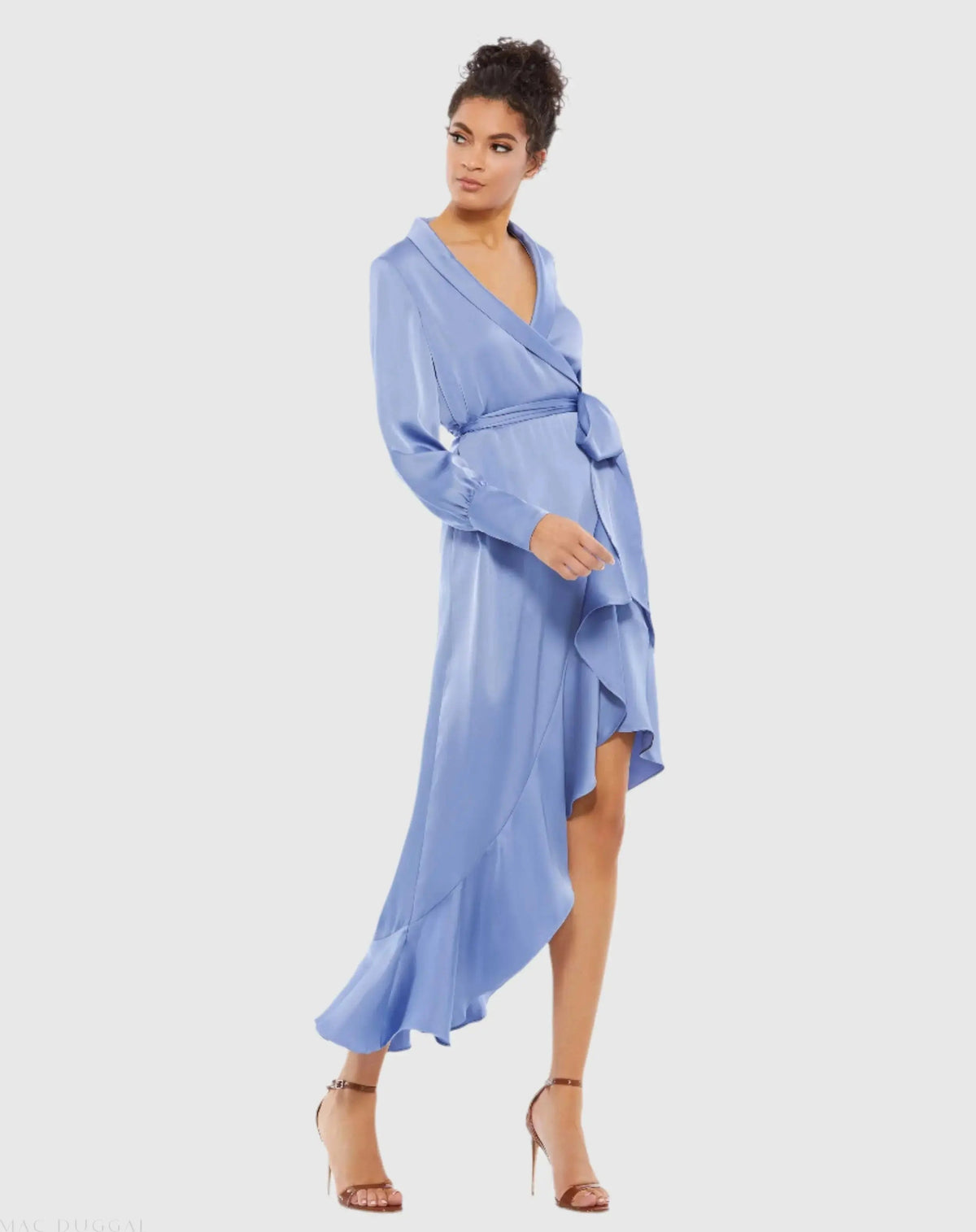 Women's Blue Midi Dress - Blue Satin Ruffle