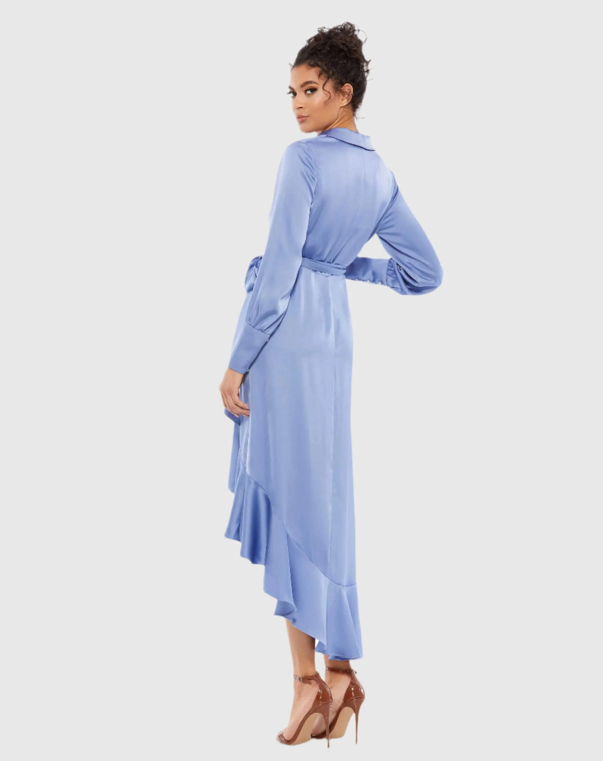 Women's Blue Midi Dress - Blue Satin Ruffle