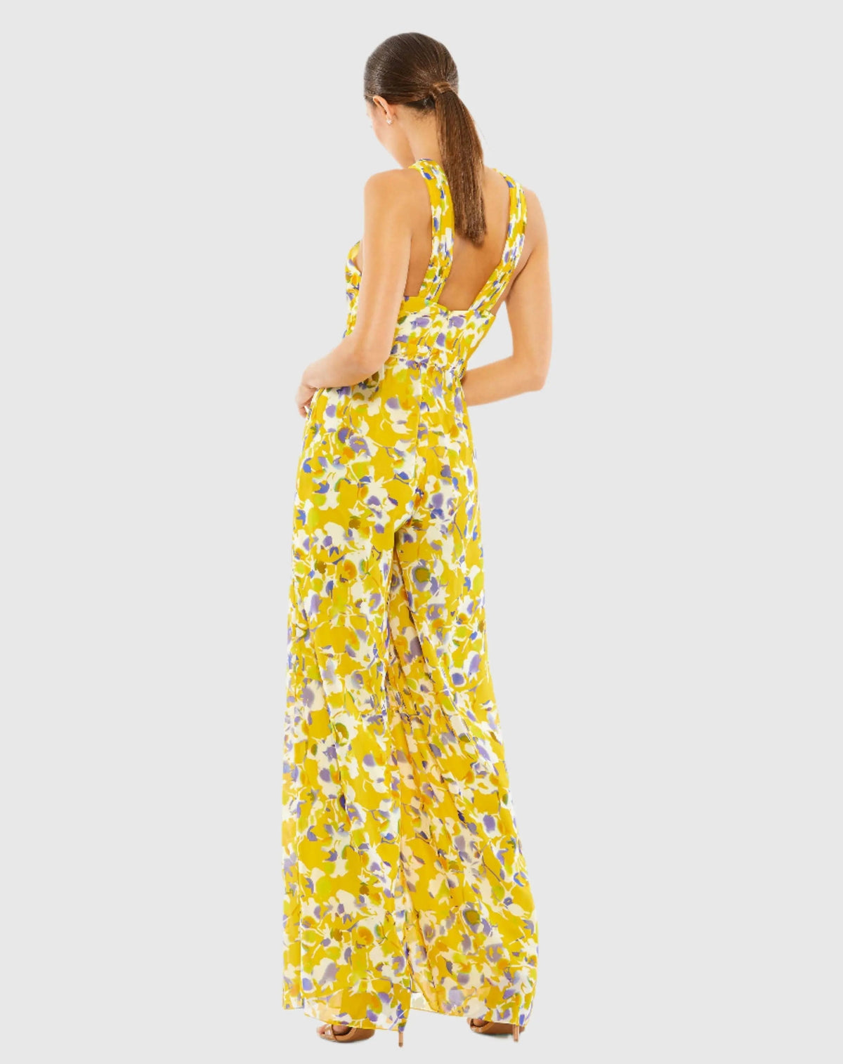 Women's Yellow Crossed Halter Tie Waist Jumpsuit