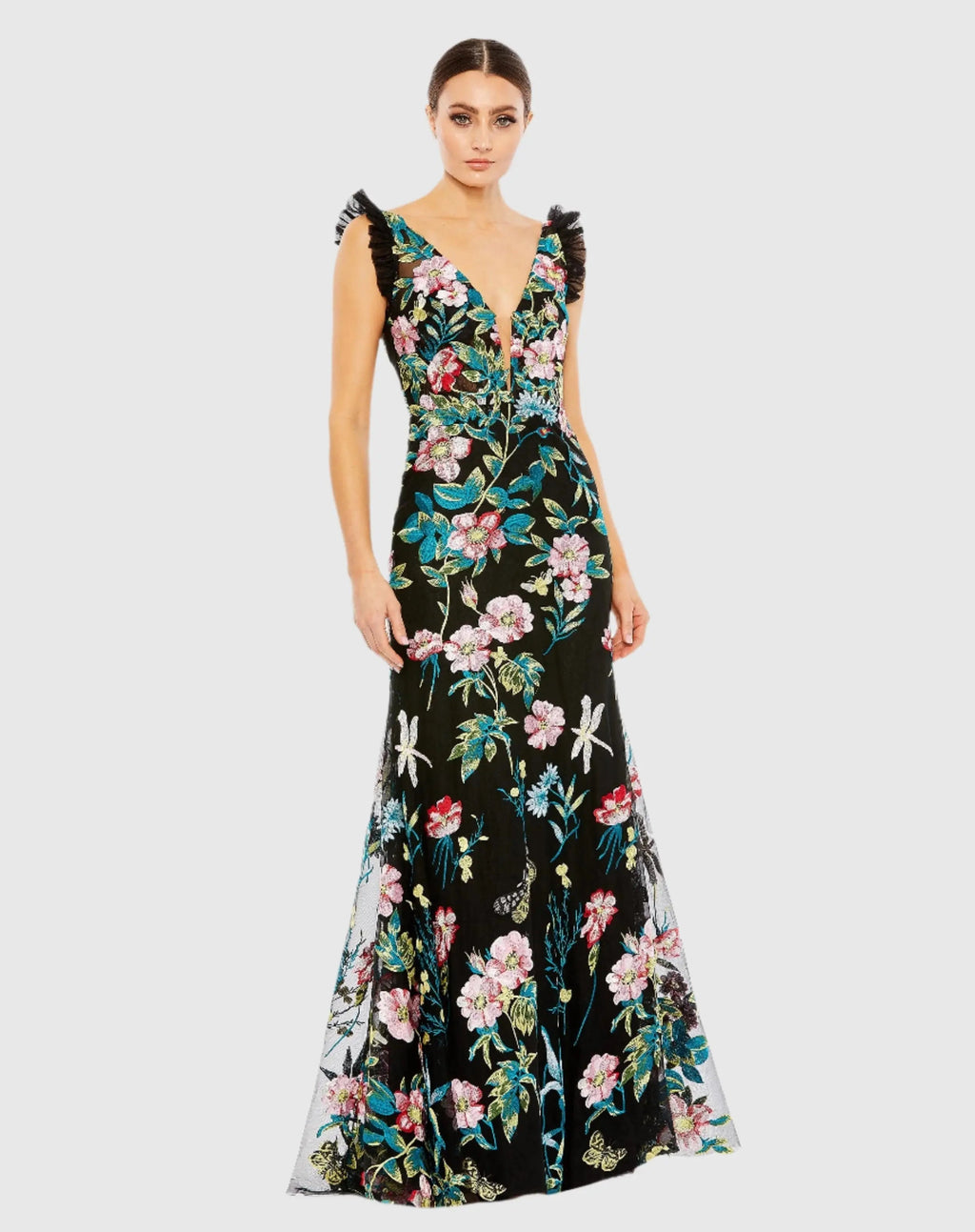 Women's Black Dress Floral - Black Ruffle