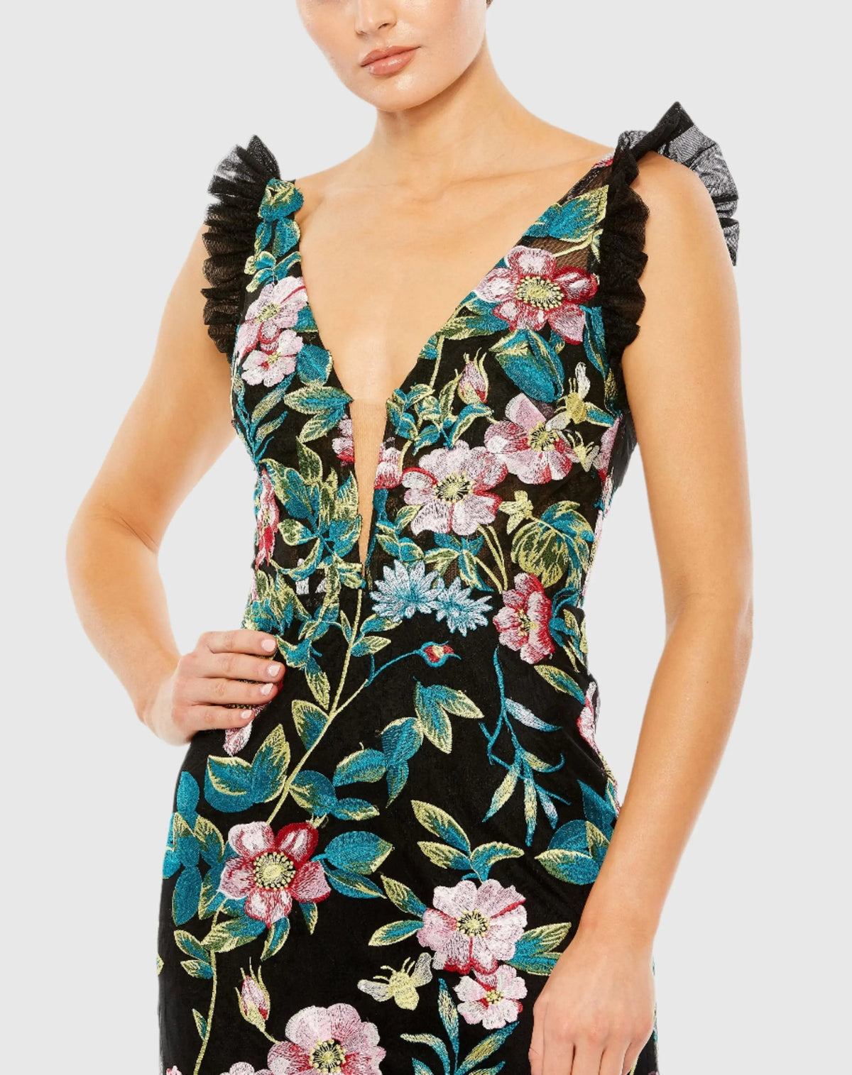 Women's Black Dress Floral - Black Ruffle