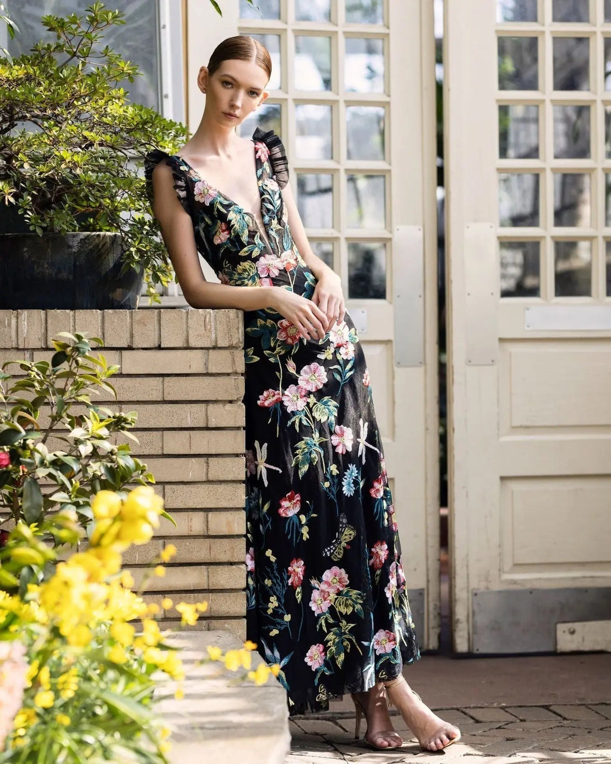 Women's Black Dress Floral - Black Ruffle