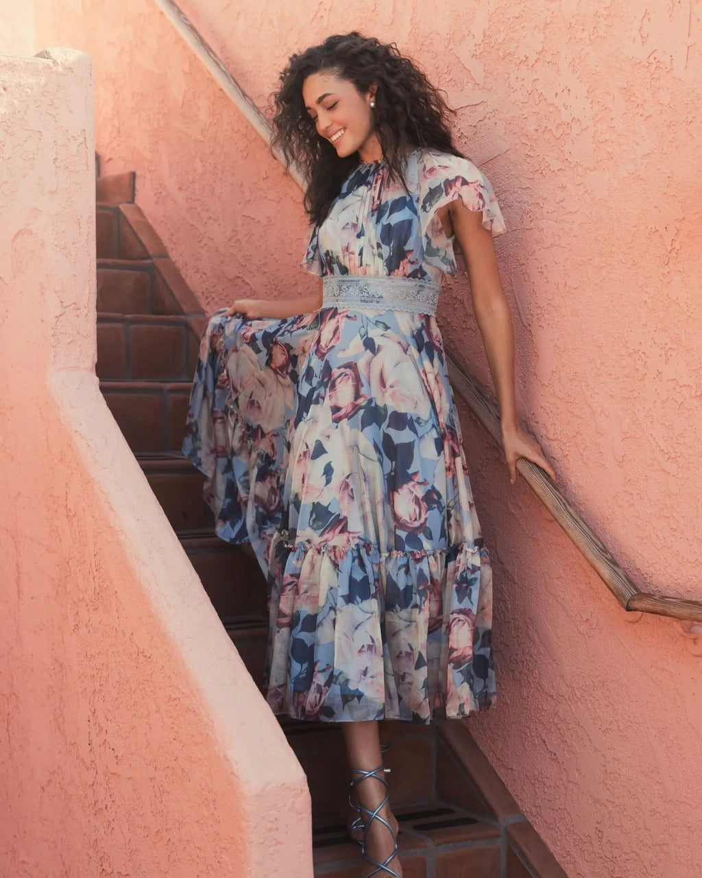 Women's Dress Floral - Blue Lace Ruffle