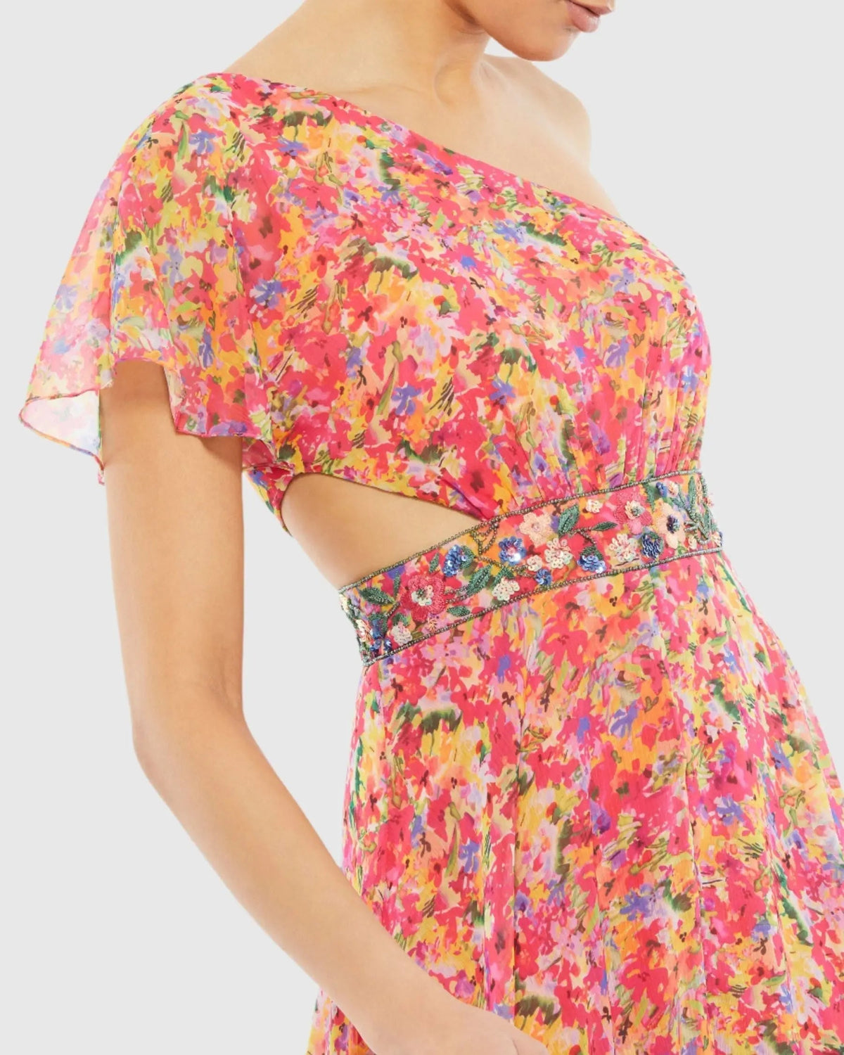 Women's Dress Floral One Shoulder - Pink One-Shoulder Chiffon