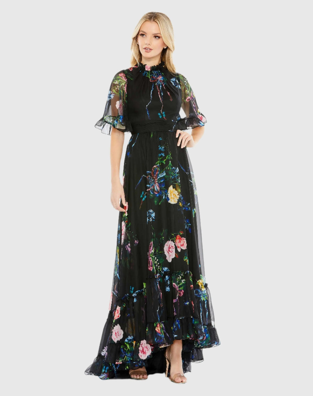 Women's Black Dress Floral - Black Ruffle Chiffon