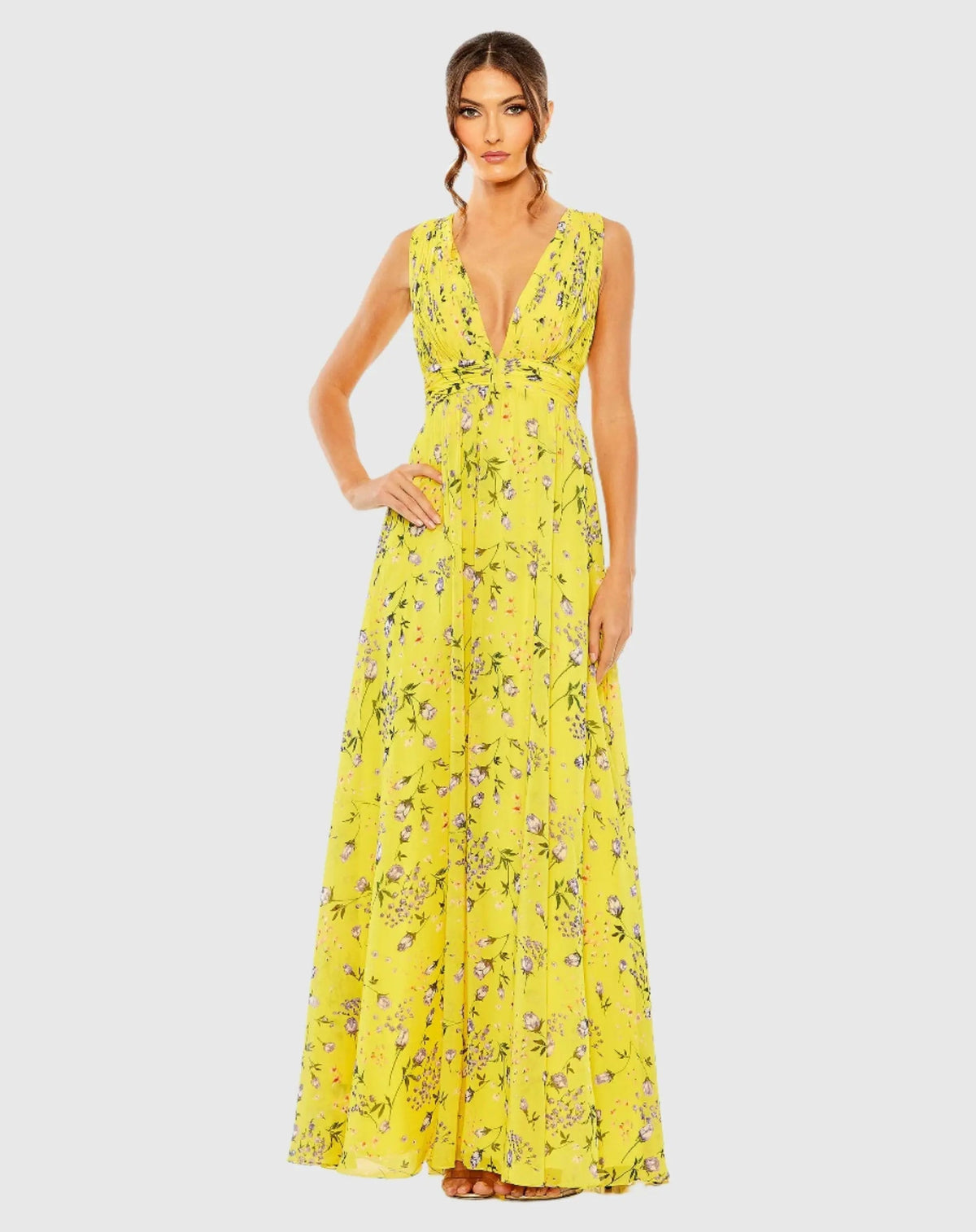 Women's Yellow Dress Floral Ruched - 56011
