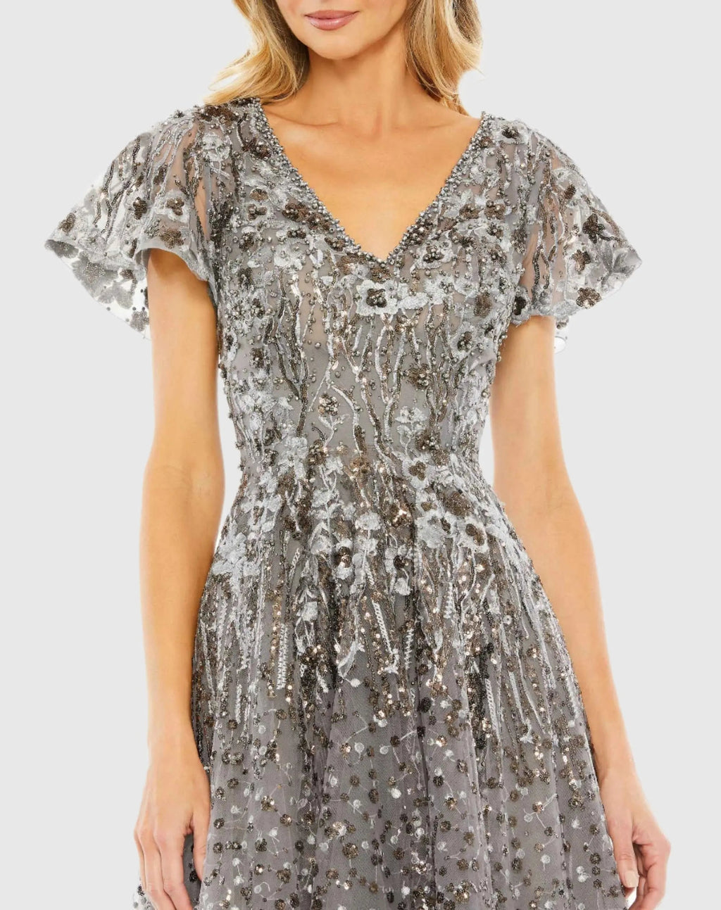 Women's Gray Dress - Gray Floral Mesh