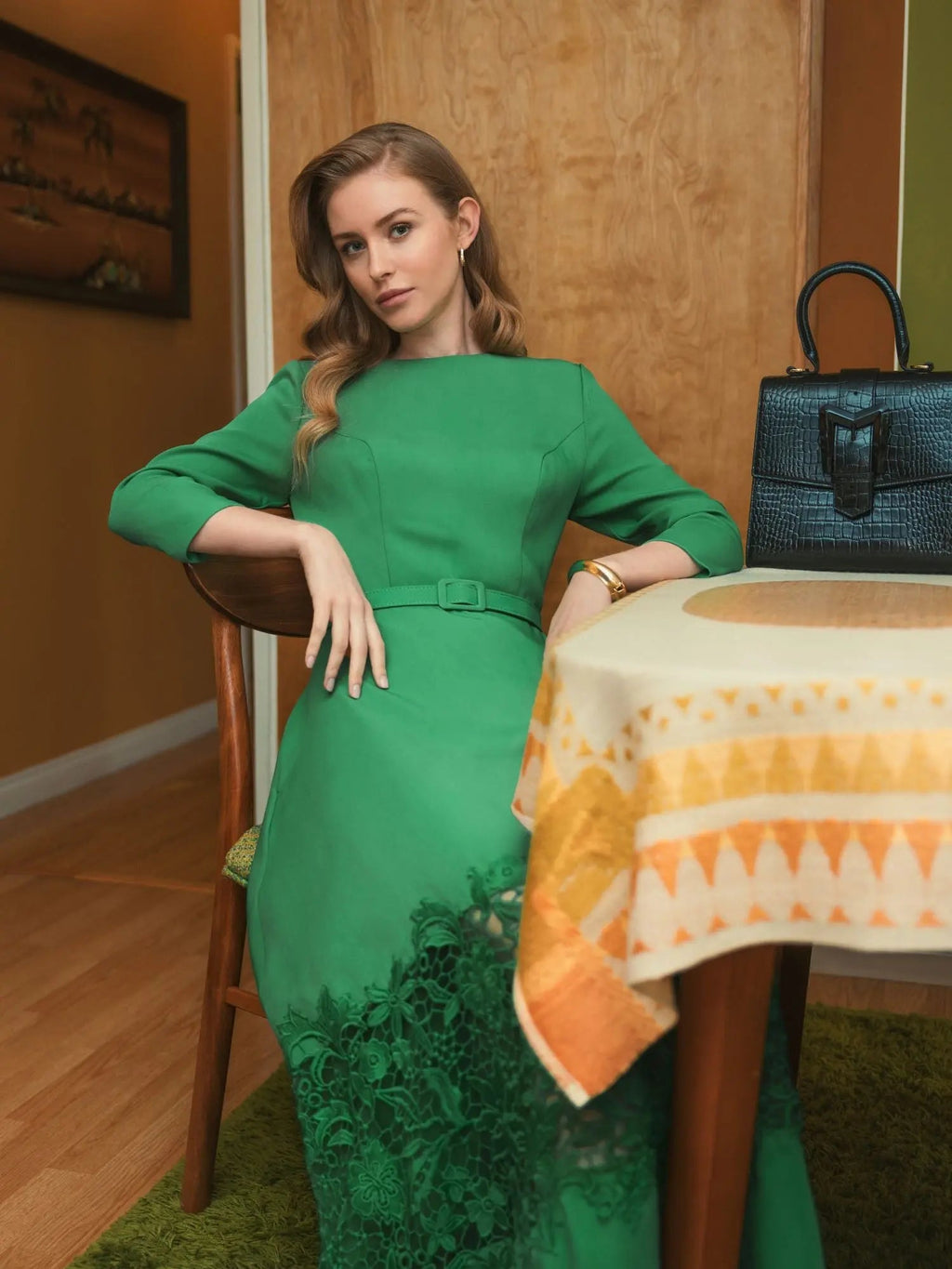 Women's Green Midi Dress - Green Lace
