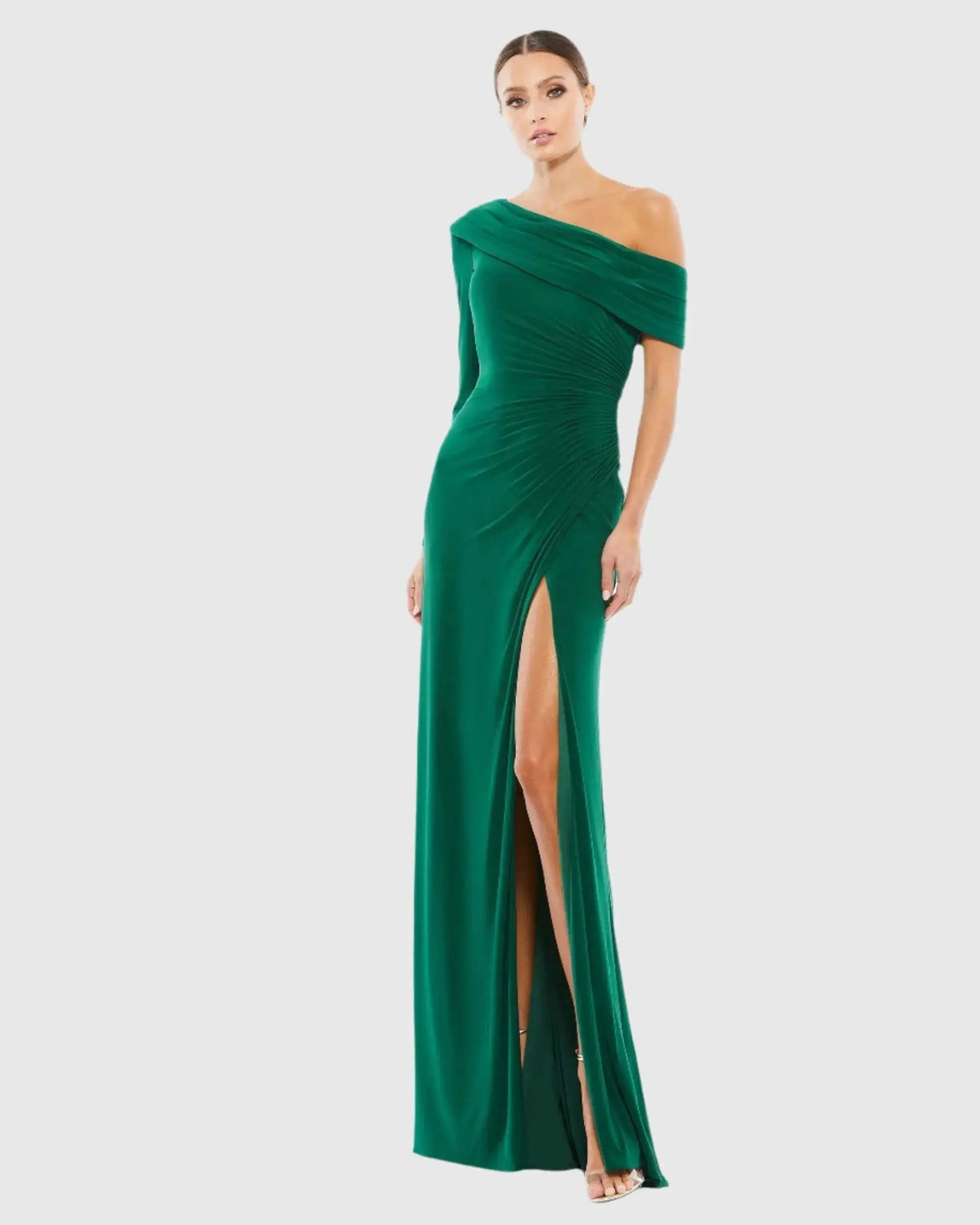 Women's Green Dress Ruched - Green One-Shoulder Asymmetrical