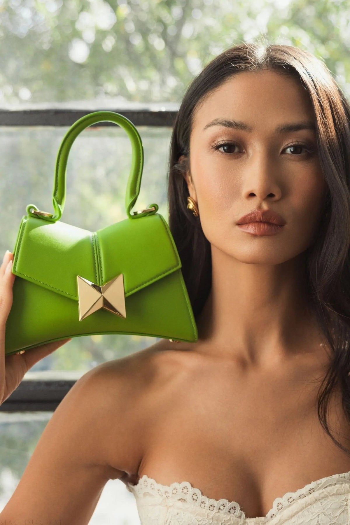 Women's Green Angular Mini Leather Top Handle Bag