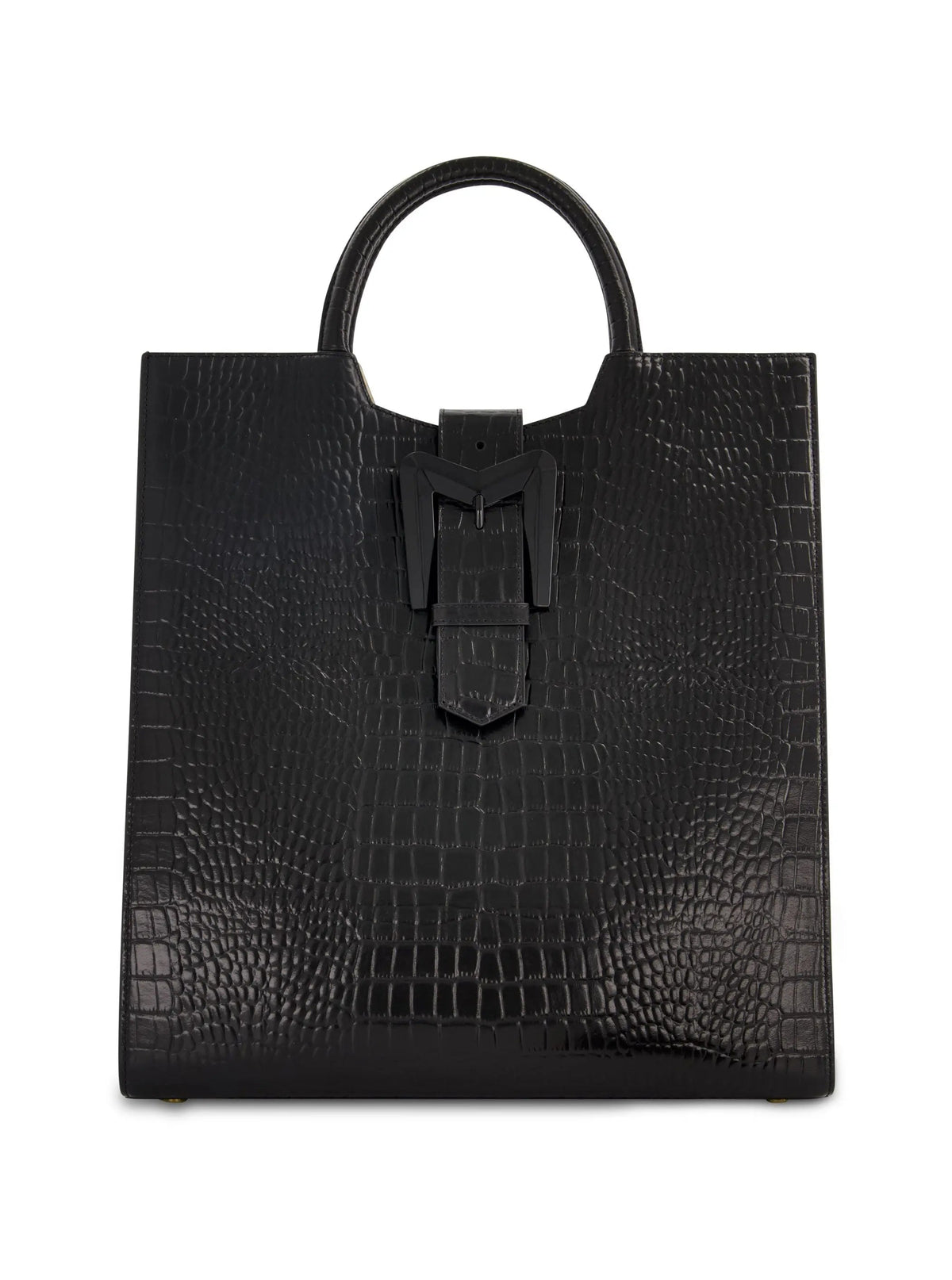 Black Buckled Maxi Croco Leather Tote Bag