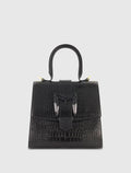 Women's Black Buckled Medium Croco Leather Handbag with Detachable Strap