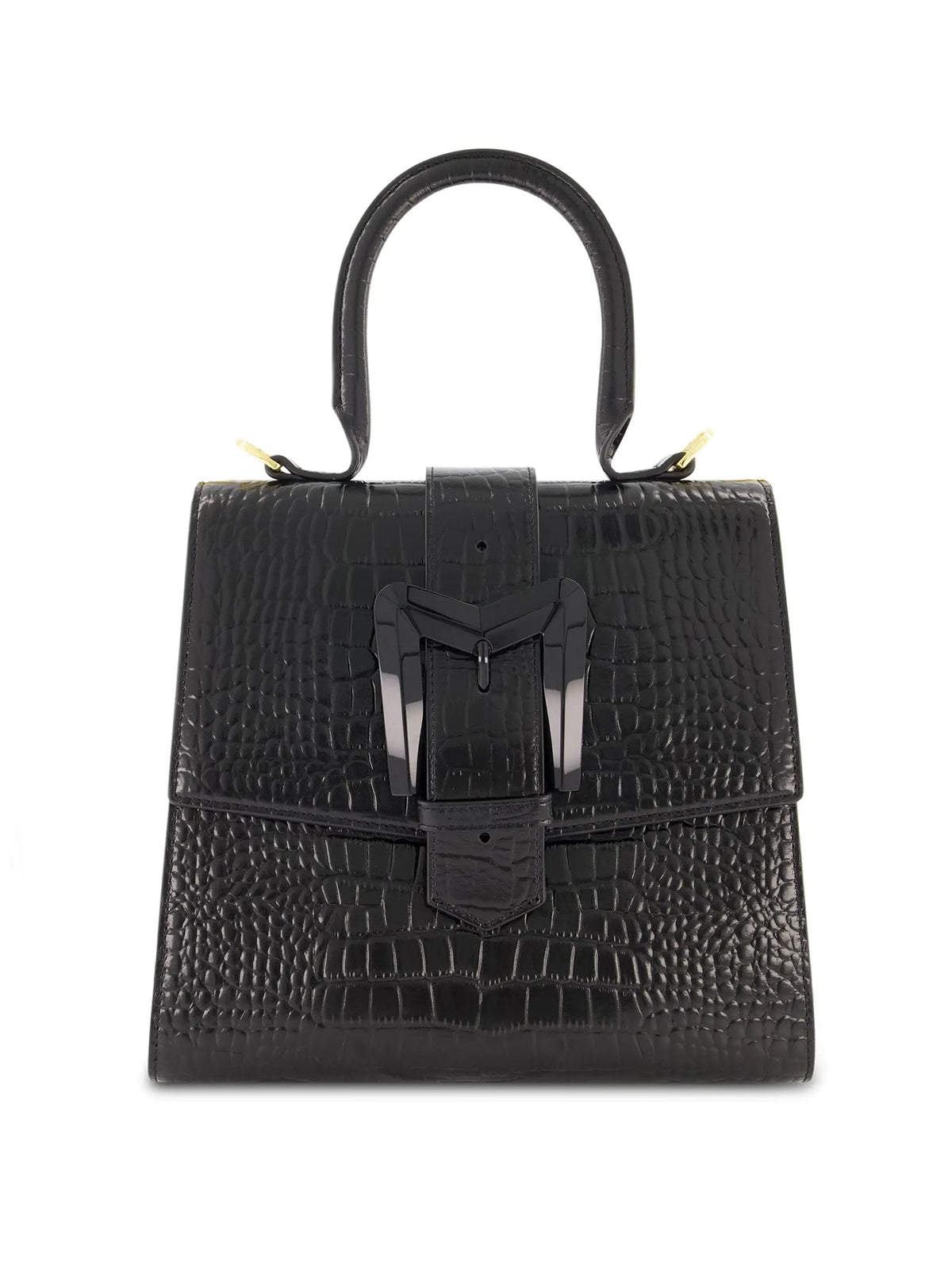 Women's Black Buckled Medium Croco Leather Handbag with Detachable Strap