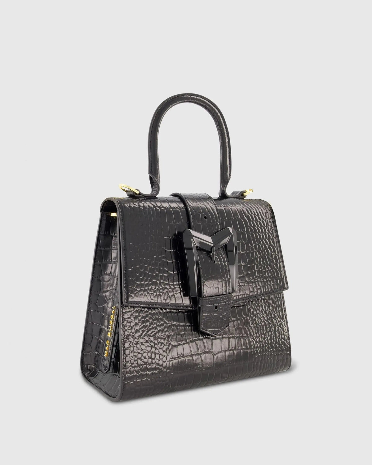 Women's Black Buckled Medium Croco Leather Handbag with Detachable Strap