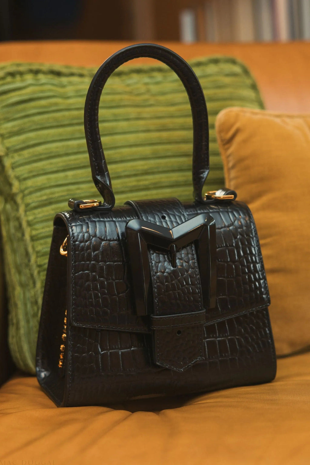 Women's Black Mini Leather Handbag with Gold Hardware