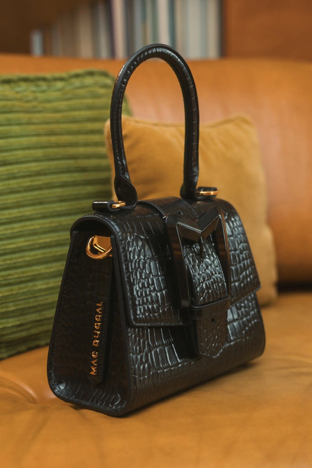 Women's Black Mini Leather Handbag with Gold Hardware