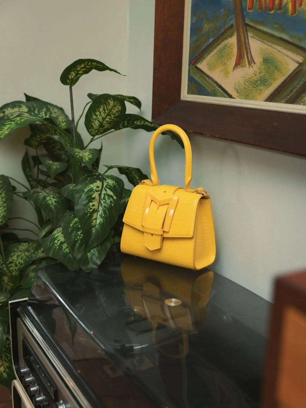 Women's Yellow Mini Leather Handbag with Gold Hardware