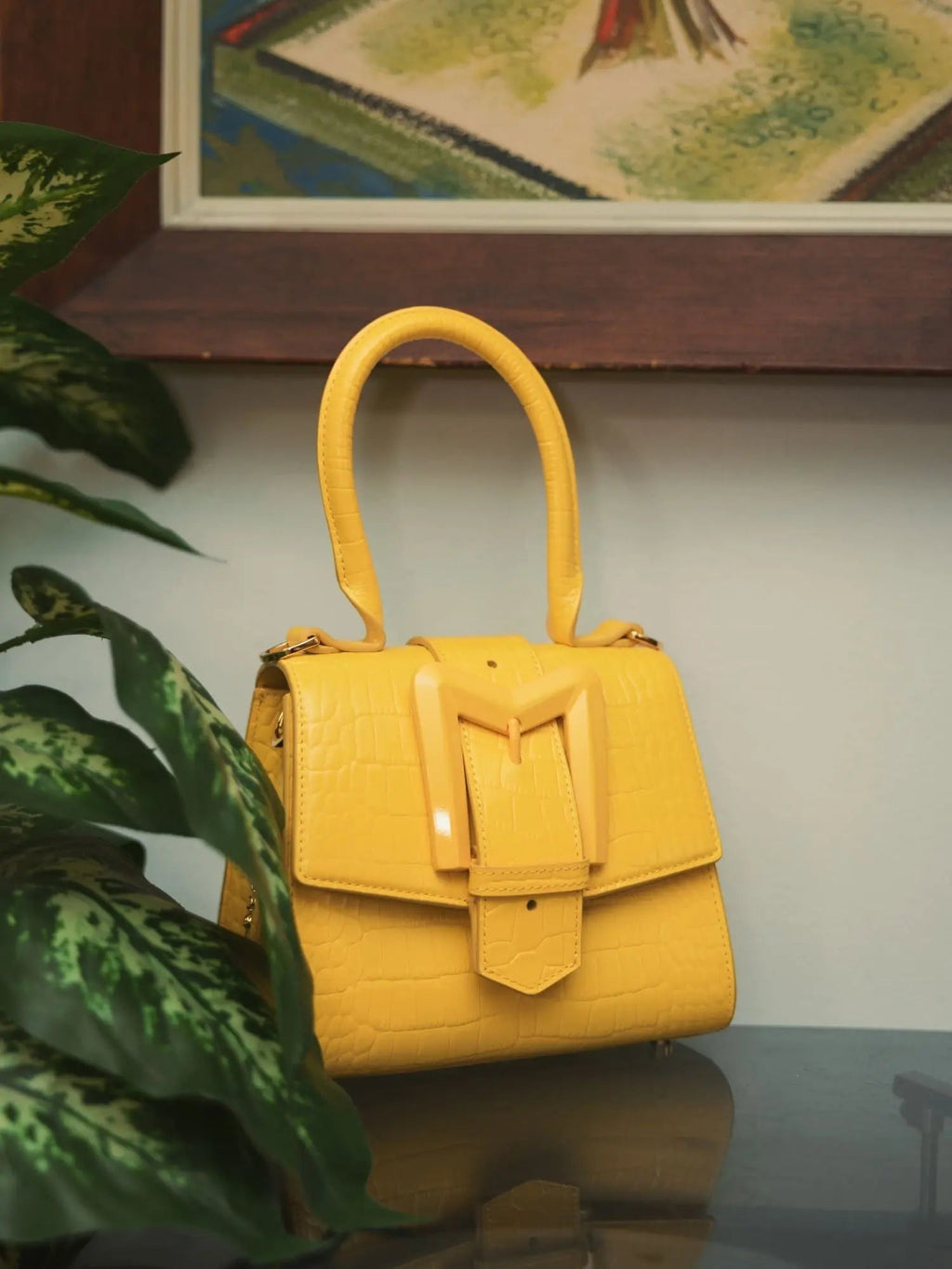 Women's Yellow Mini Leather Handbag with Gold Hardware