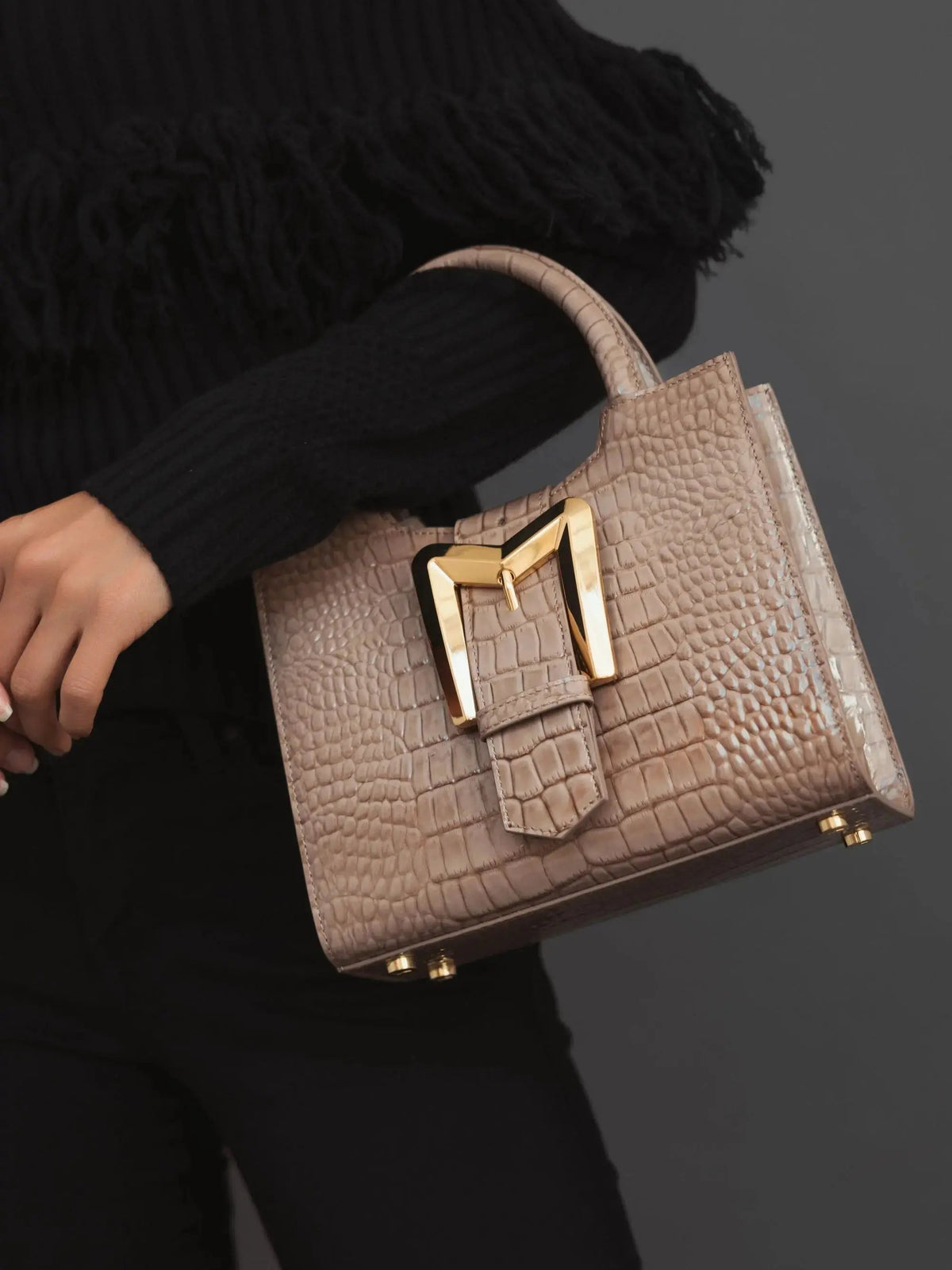 Brown Crocodile Leather Tote Bag With Gold Buckle - FINAL SALE