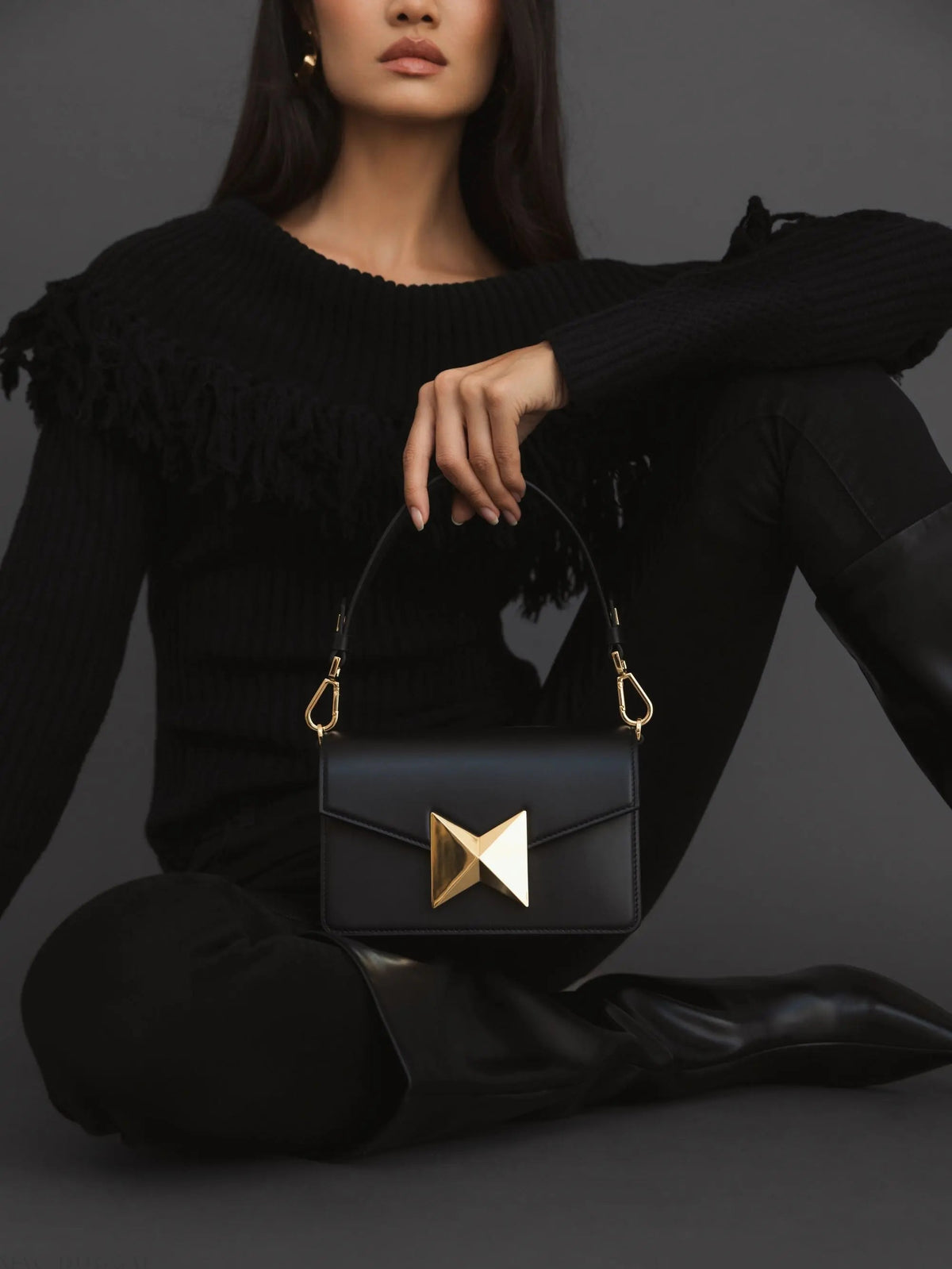 Women's Black Classic Leather Shoulder Bag with Gold Hardware