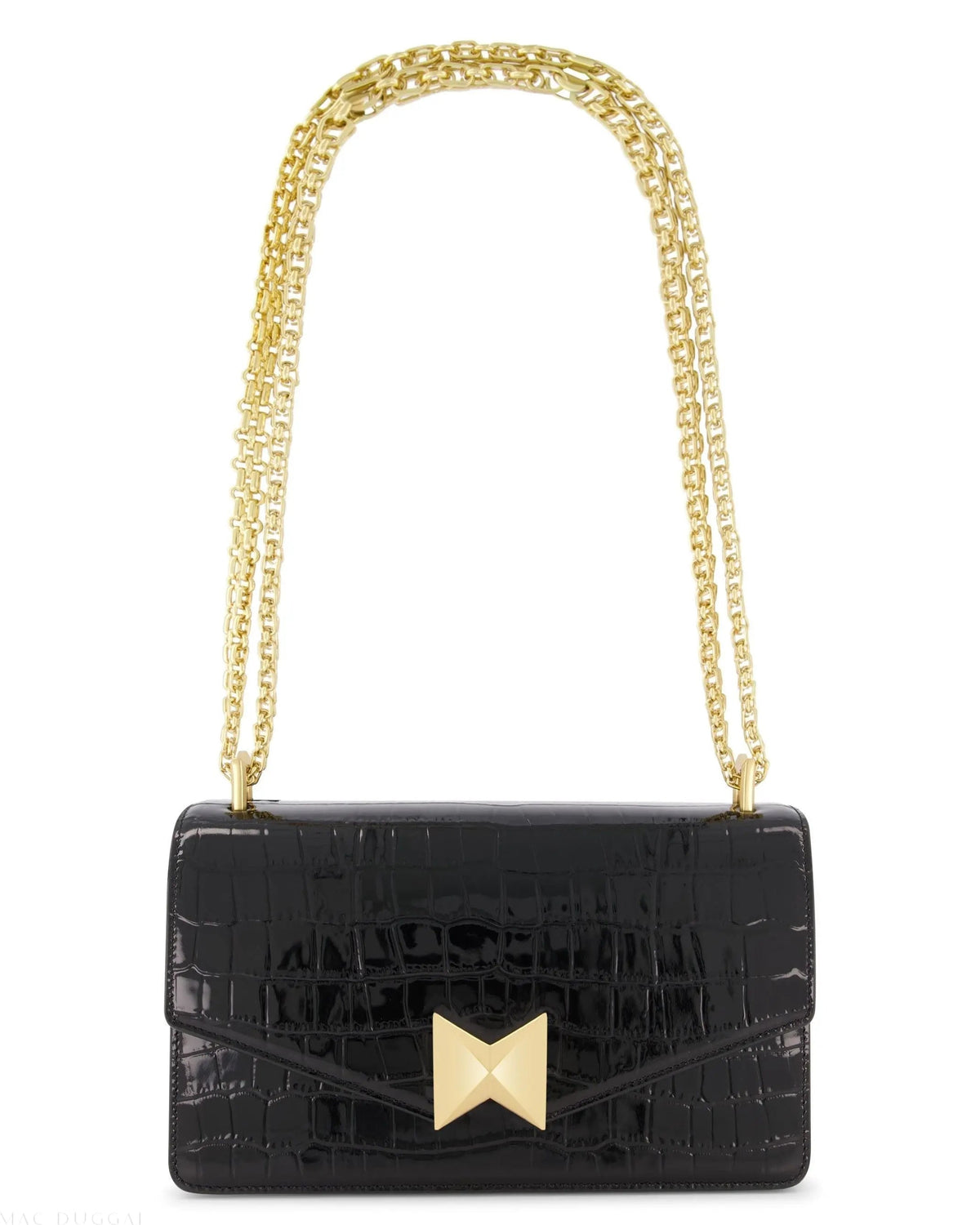 Women's Black Crocodile Leather Shoulder Bag With Gold Hardware