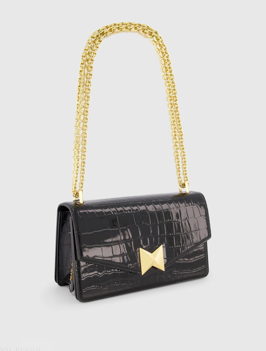 Women's Black Crocodile Leather Shoulder Bag With Gold Hardware