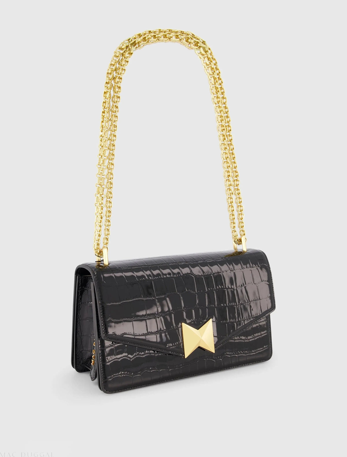 Women's Black Crocodile Leather Shoulder Bag With Gold Hardware