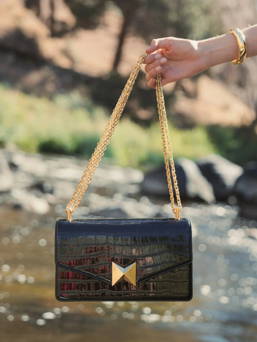 Women's Black Crocodile Leather Shoulder Bag With Gold Hardware