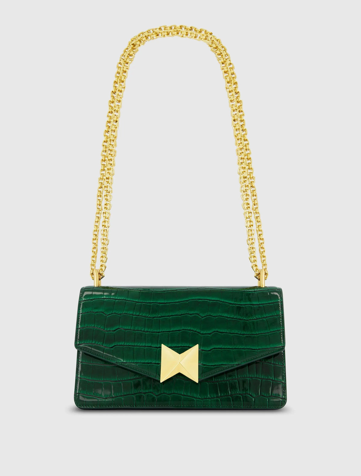 Green Crocodile Leather Shoulder Bag With Gold Hardware