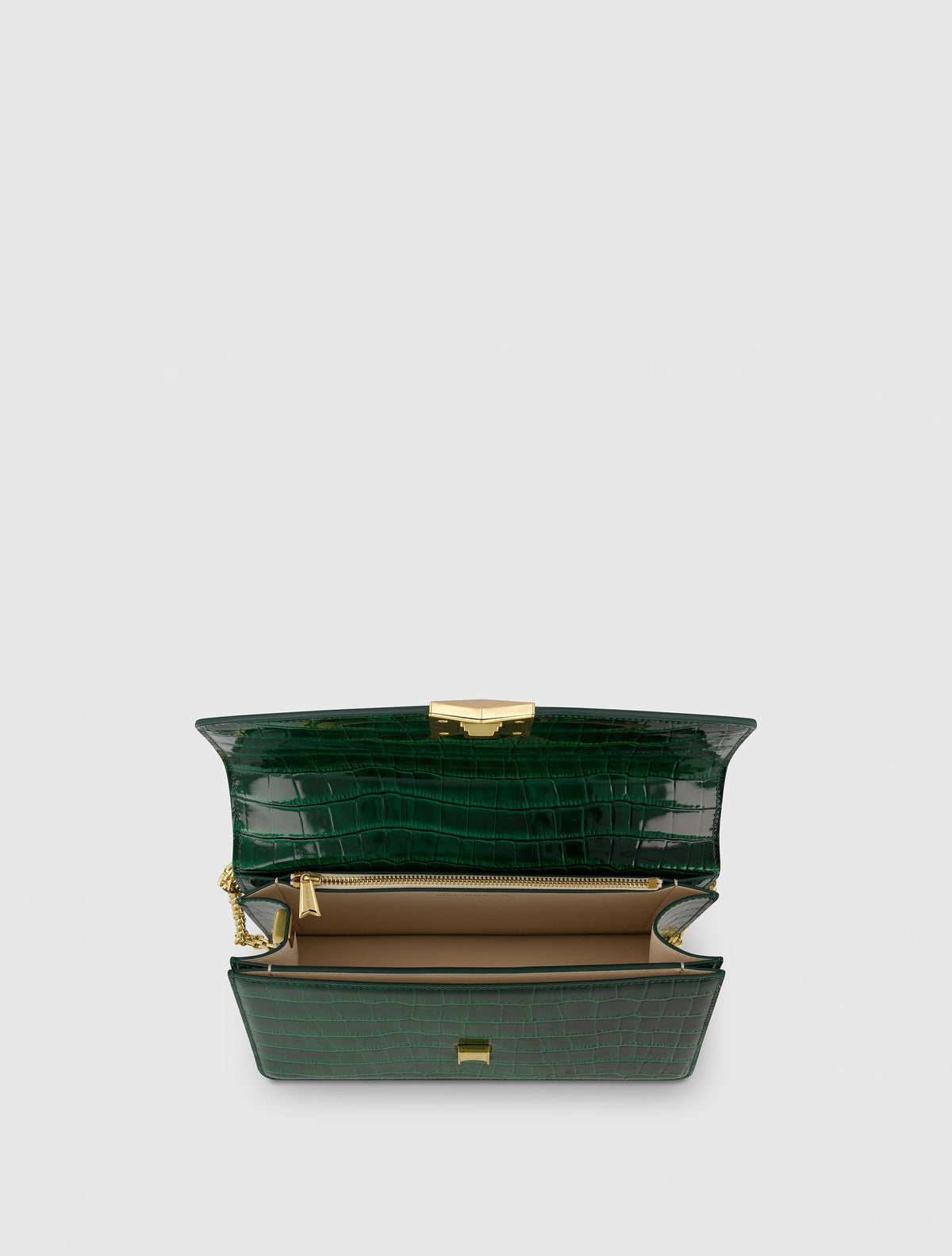 Green Crocodile Leather Shoulder Bag With Gold Hardware