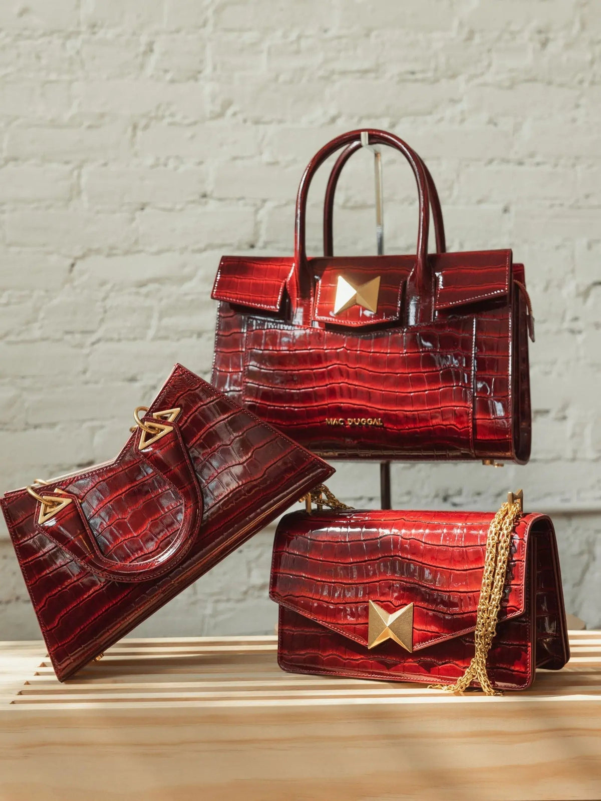 Red Crocodile Leather Shoulder Bag With Gold Hardware