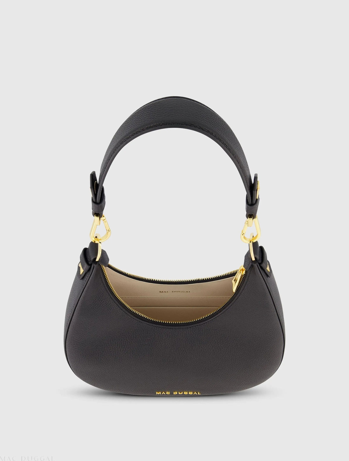 Black Grain Leather Hobo Bag With Gold Hardware