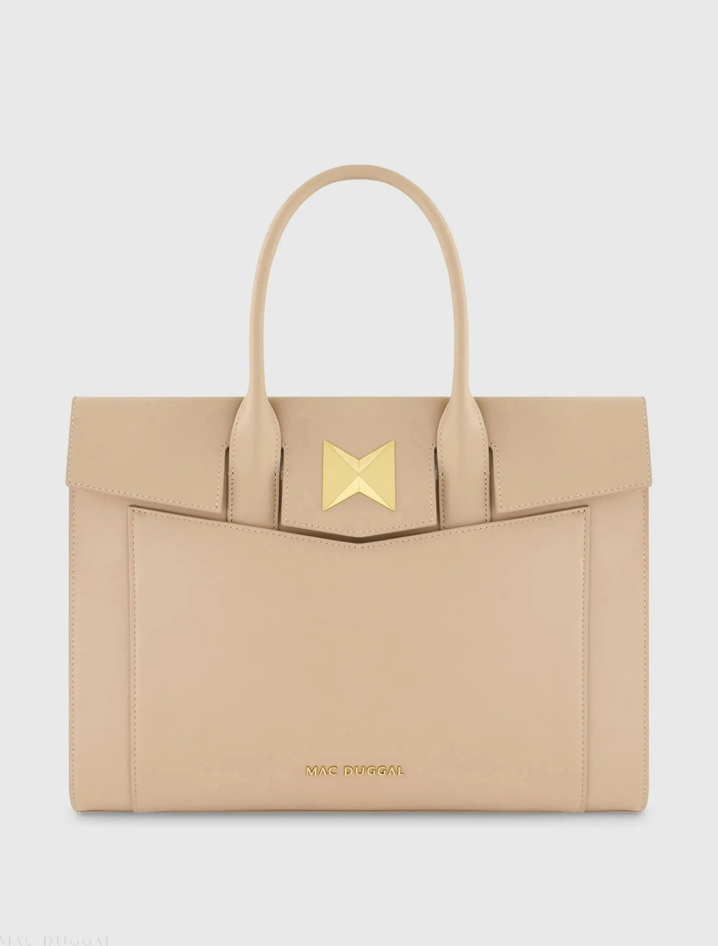 Beige Large Leather Briefcase Bag With Gold Hardware