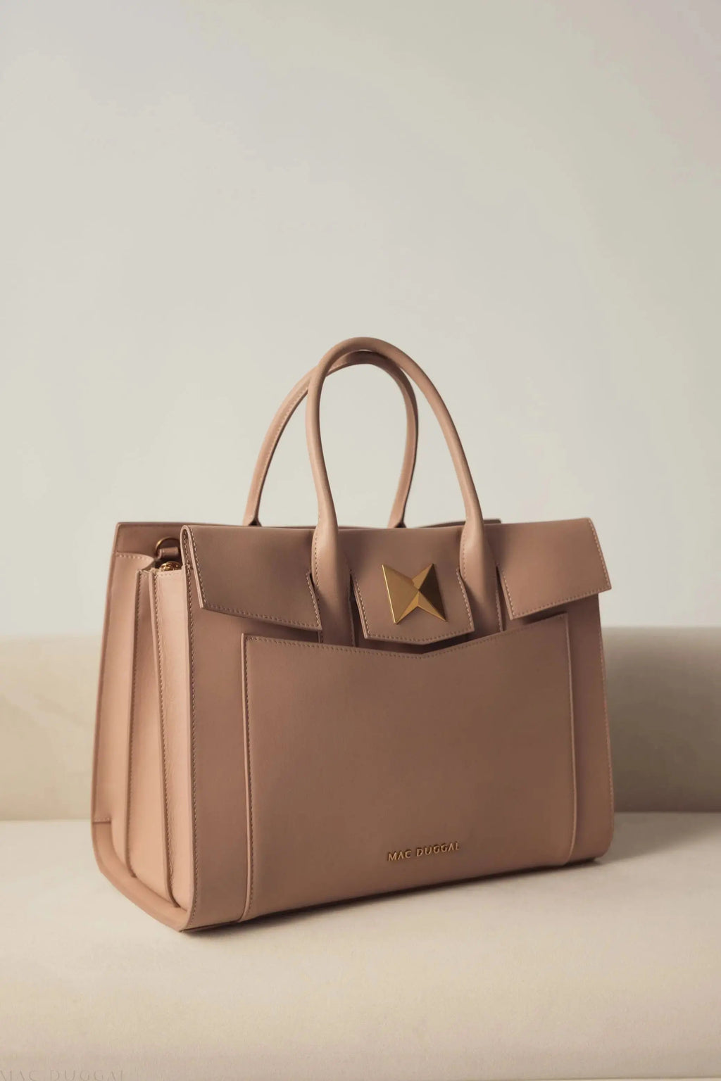 Beige Large Leather Briefcase Bag With Gold Hardware
