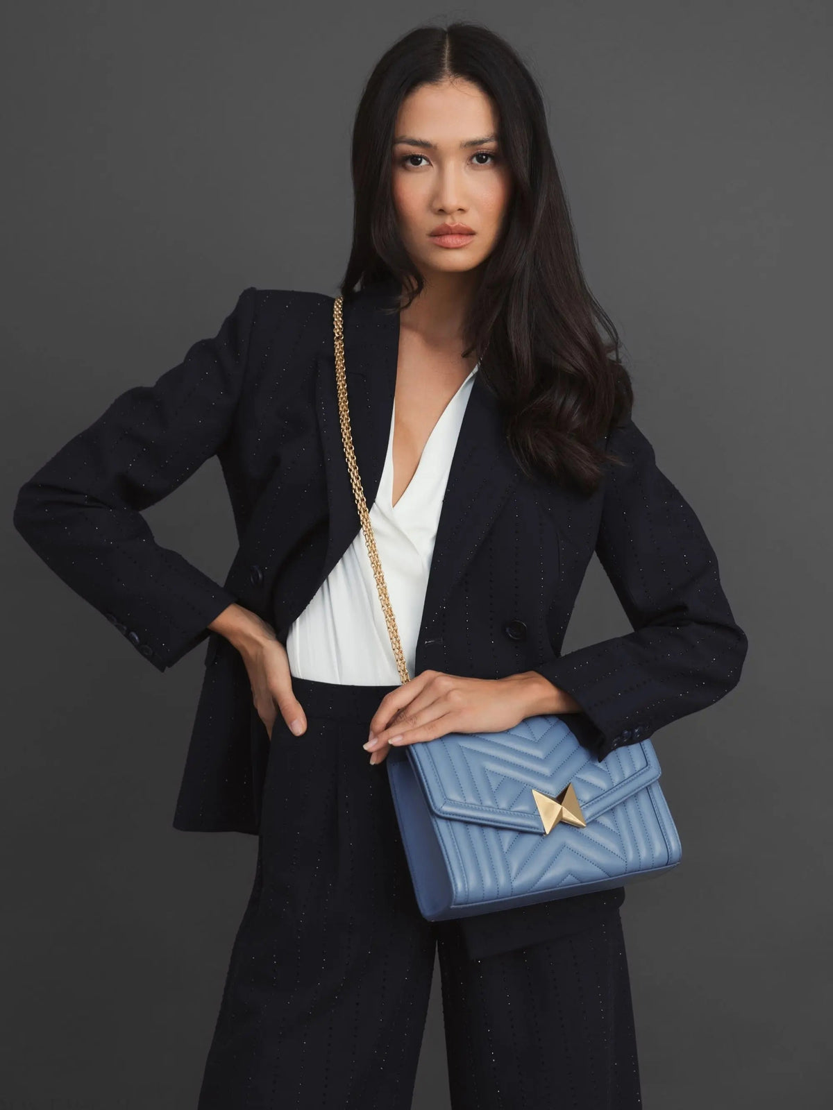 Women's Blue Quilted Napa Leather Handbag With Gold Chain