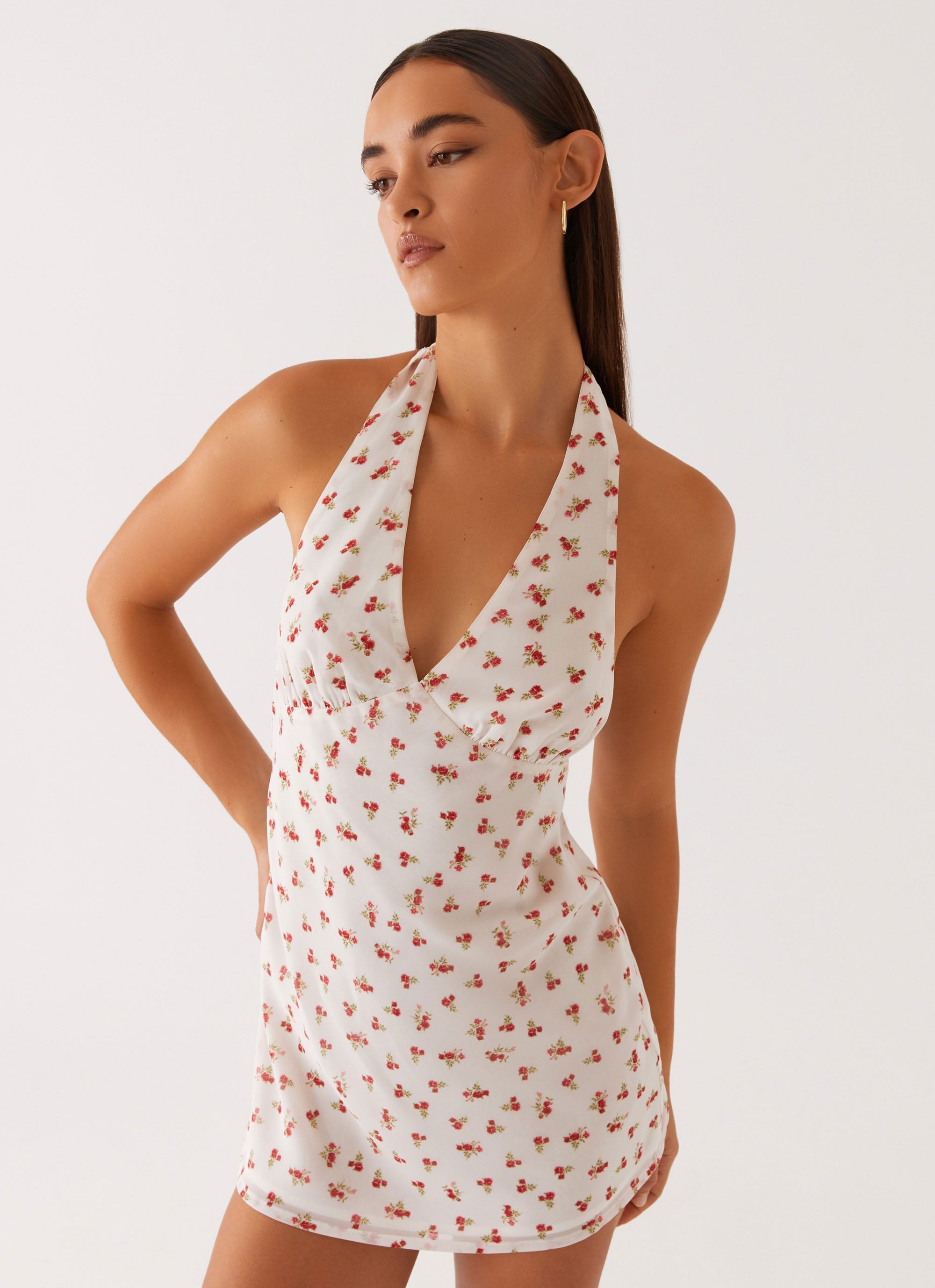 Highlands Halterneck Mini Dress - Red Ditsy Floral