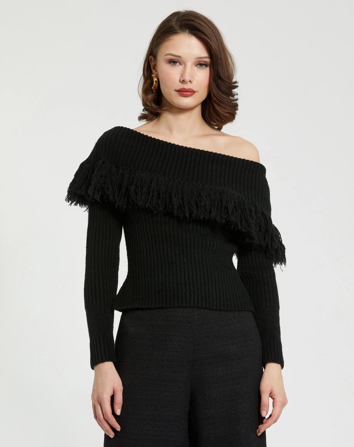 Women's Black Off The Shoulder Fringe Knit Sweater