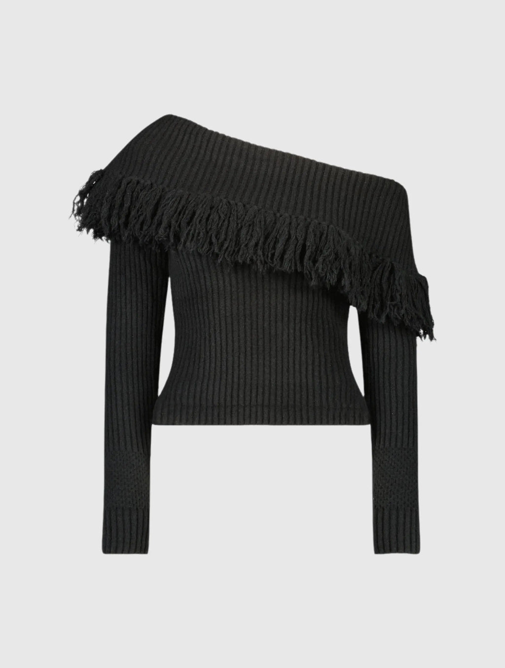 Women's Black Off The Shoulder Fringe Knit Sweater