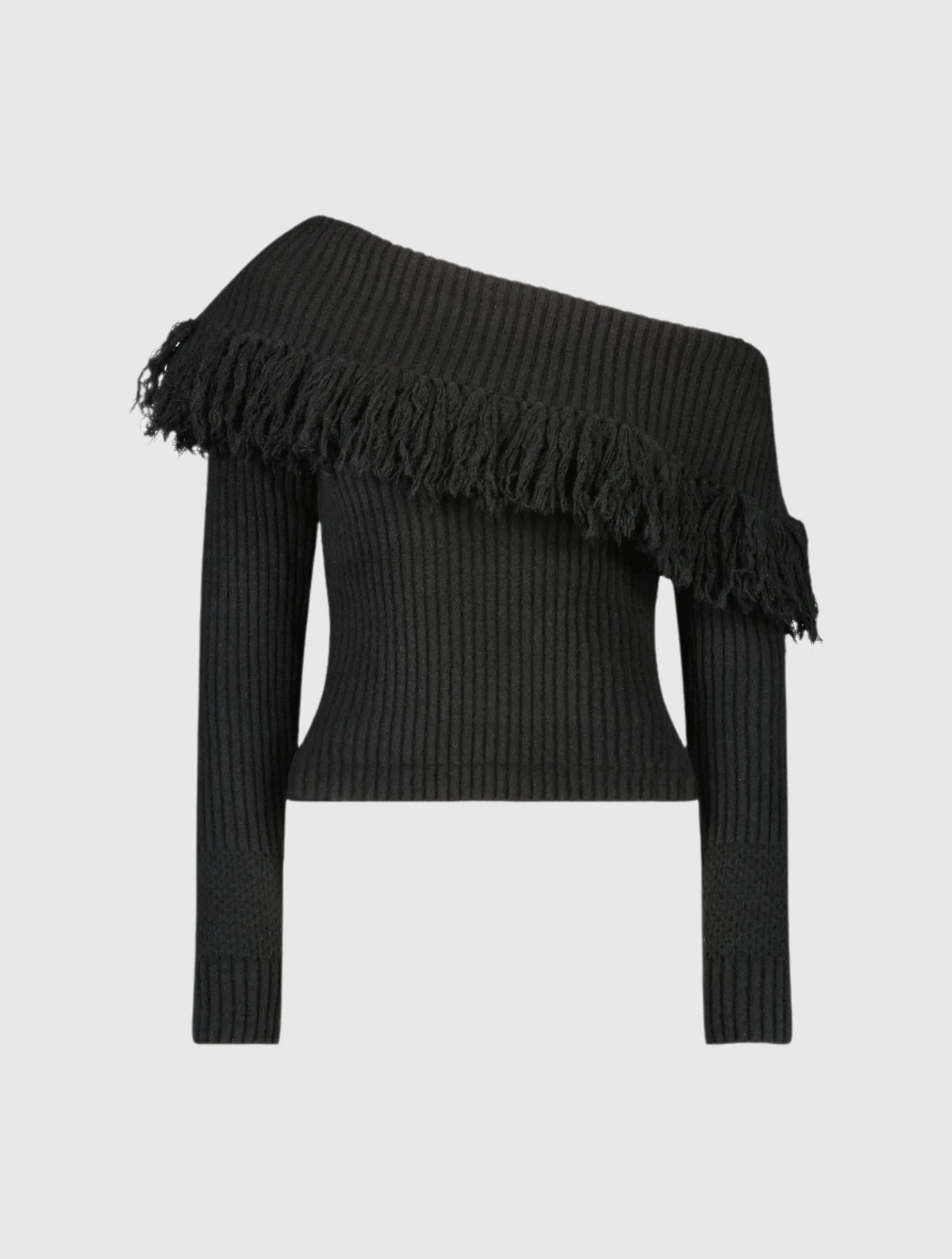 Women's Black Off The Shoulder Fringe Knit Sweater