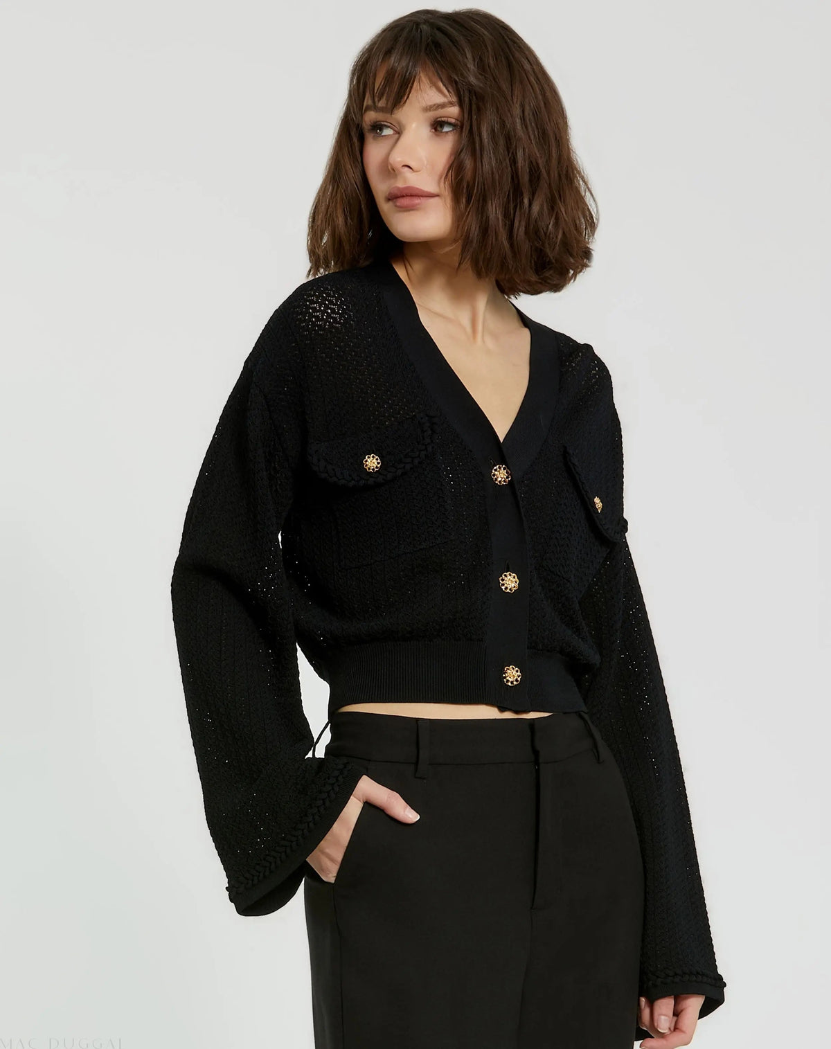 Women's Black Crochet Knit Flare Long Sleeve Gold Button Cropped Cardigan