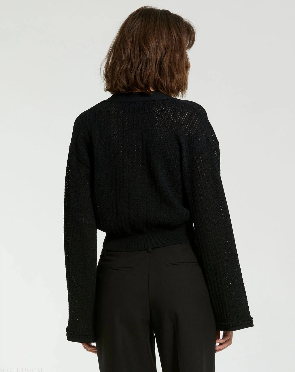 Women's Black Crochet Knit Flare Long Sleeve Gold Button Cropped Cardigan