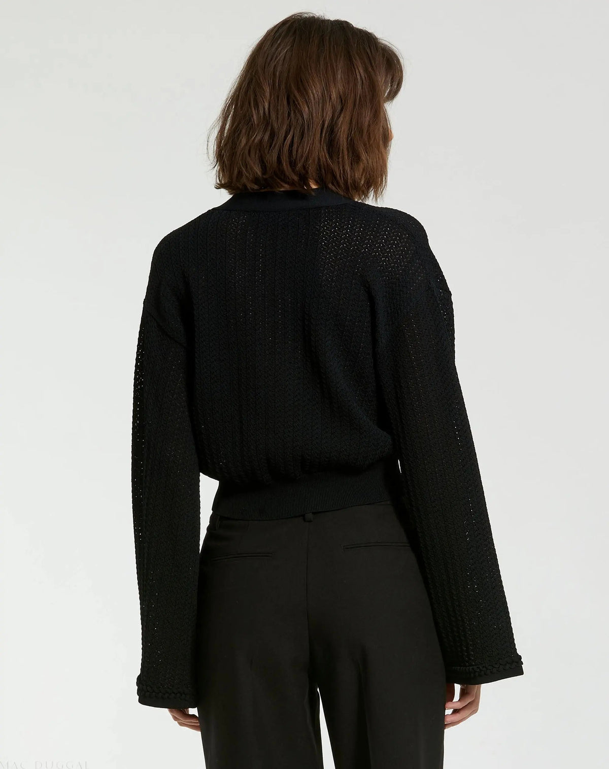 Women's Black Crochet Knit Flare Long Sleeve Gold Button Cropped Cardigan