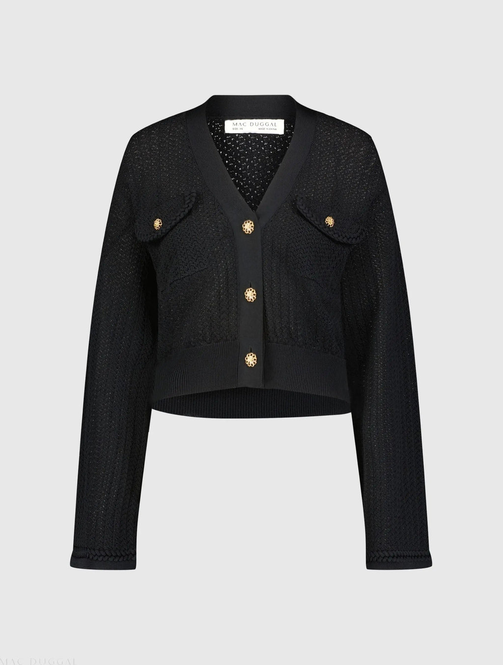 Women's Black Crochet Knit Flare Long Sleeve Gold Button Cropped Cardigan