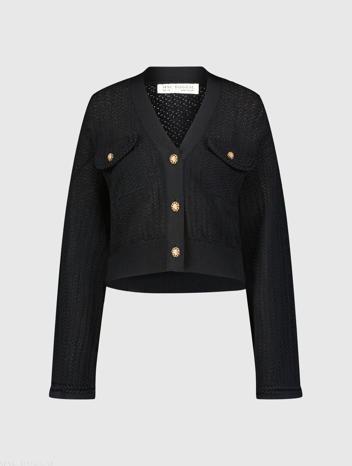 Women's Black Crochet Knit Flare Long Sleeve Gold Button Cropped Cardigan