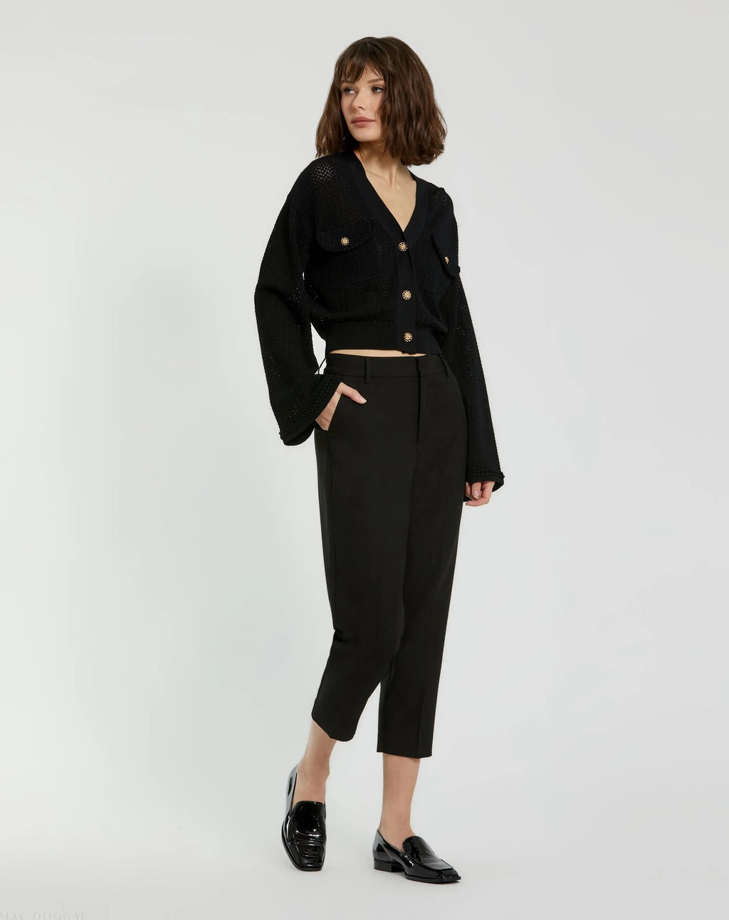 Women's Black Crochet Knit Flare Long Sleeve Gold Button Cropped Cardigan